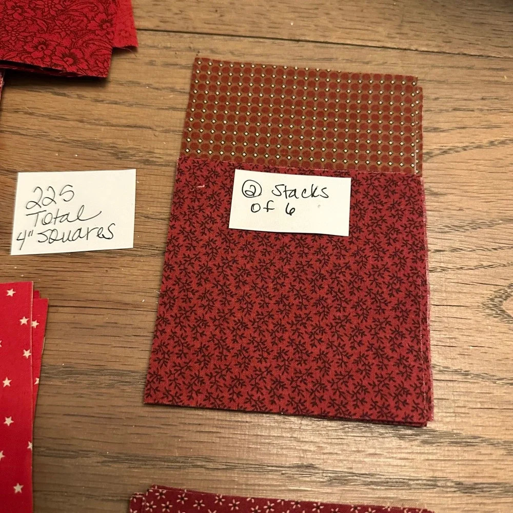 225 Red Burgundy 4 Inch Quilt Squares Fabric Scraps Lot Floral Stars Dots Stripe